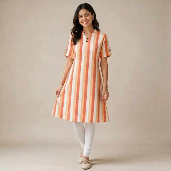 Orange_Cotton_Striped_A-Line_Kurta_For_Women