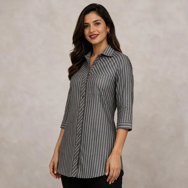 Grey_Cotton_Striped_Button_Down_Short_Kurti_For_Women