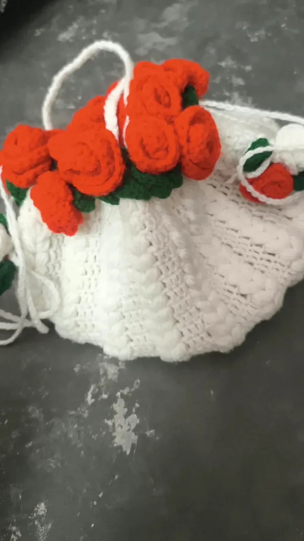 White_Wool_Crochet_Rose_Embellished_Potli_Bag_For_Women