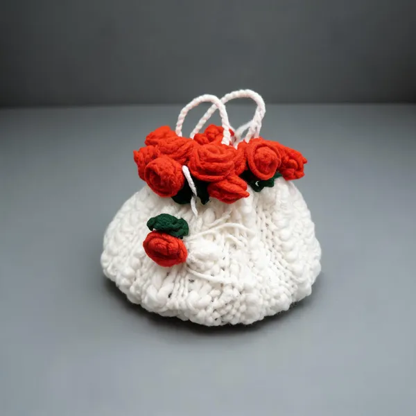 White_Wool_Crochet_Rose_Embellished_Potli_Bag_For_Women