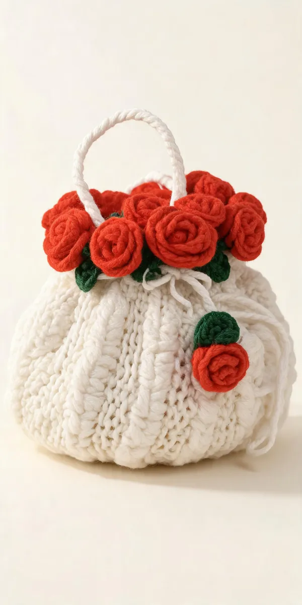 White_Wool_Crochet_Rose_Embellished_Potli_Bag_For_Women