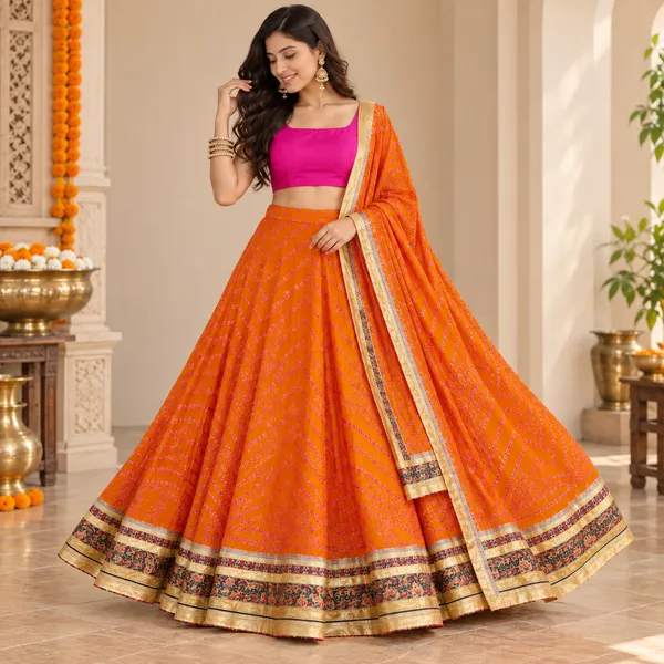 Orange_Silk_Bandhani_Print_Lehenga_Choli_For_Women