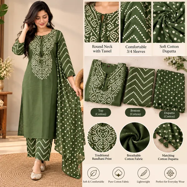 Green_Cotton_Bandhani_Print_Kurta_Set_For_Women