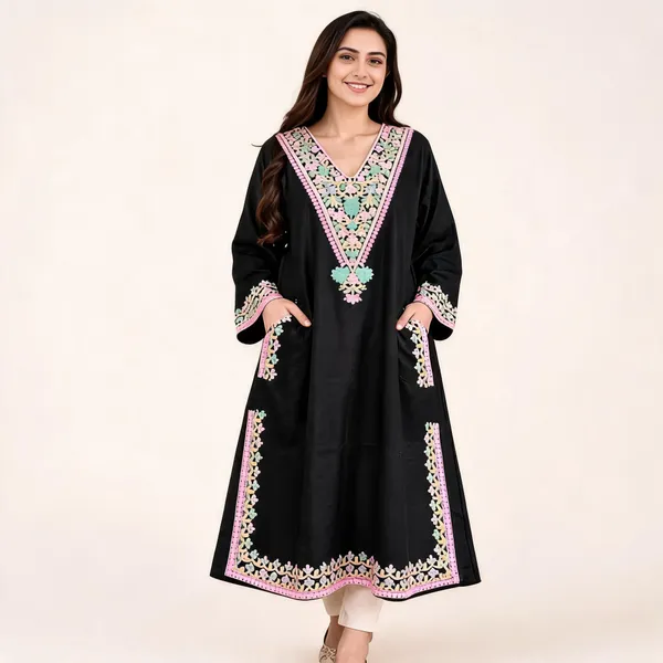 Black_Woollen_Embroidered_Relaxed_Fit_Pheran_For_Women
