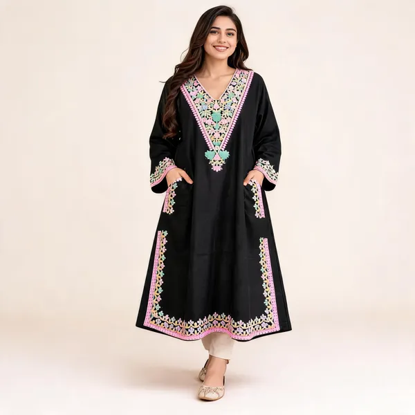 Black_Woollen_Embroidered_Relaxed_Fit_Pheran_For_Women
