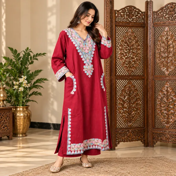 Maroon_Embroidered_Relaxed_Fit_Pheran_For_Women
