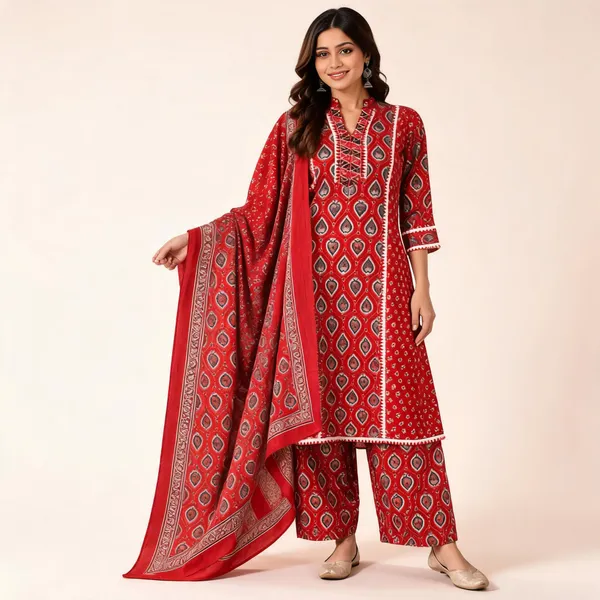 Red_Printed_Straight_Fit_Kurta_Set_For_Women
