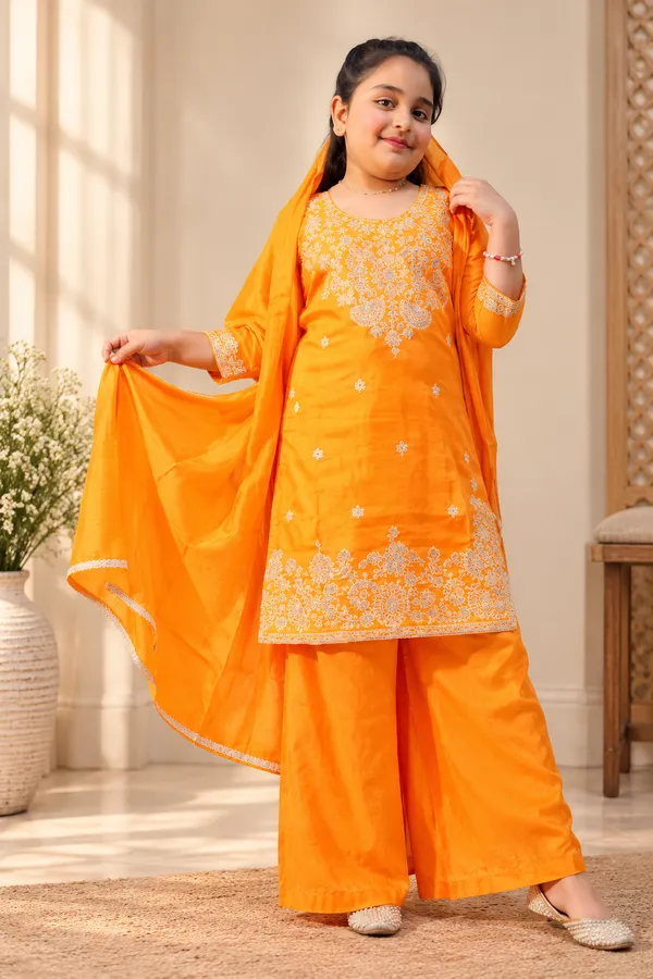 Orange_Embroidered_Straight_Ethnic_Kurta_Set_For_Girls