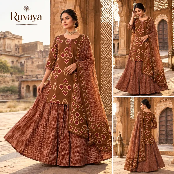 Brown_Printed_Flared_Kurta_Lehenga_Set_For_Women