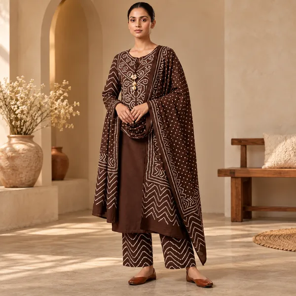 Brown_Cotton_Rayon_Bandhani_Print_Straight_Suit_Set_For_Women