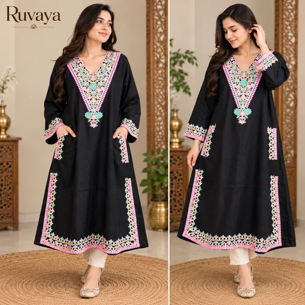 Black_Woollen_Embroidered_Relaxed_Fit_Pheran_For_Women
