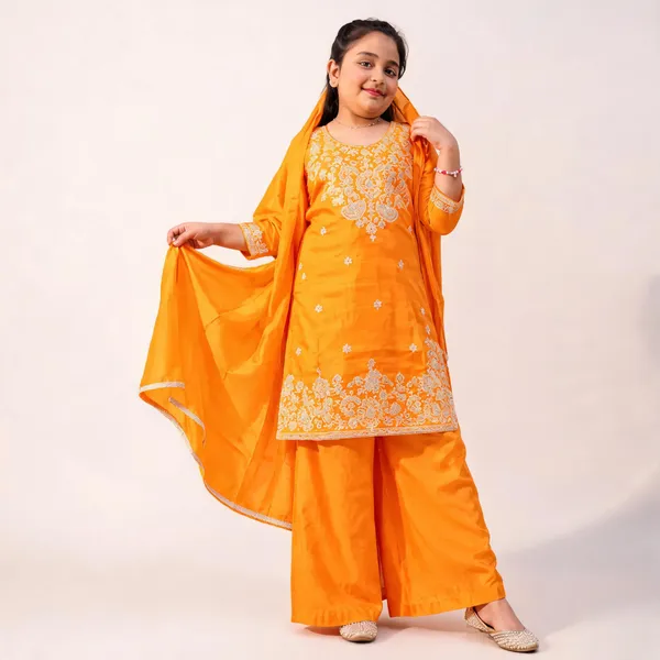 Orange_Embroidered_Straight_Ethnic_Kurta_Set_For_Girls