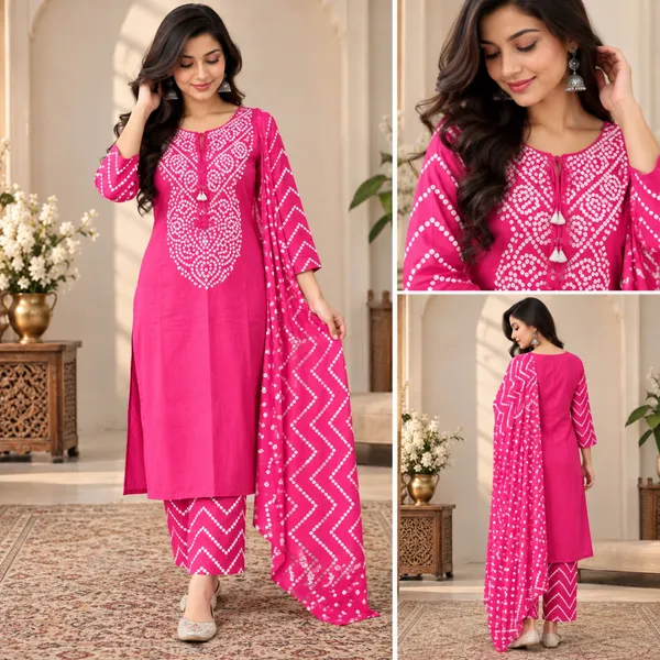 Pink_Cotton_Bandhani_Print_Kurta_Set_For_Women