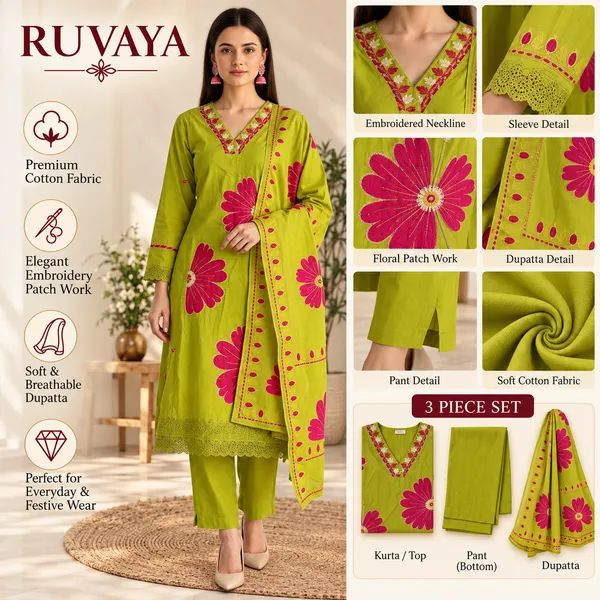 Green_Cotton_Embroidered_Straight_3_Piece_Suit_Set_For_Women