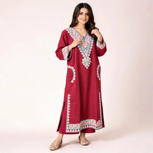 Maroon_Embroidered_Relaxed_Fit_Pheran_For_Women