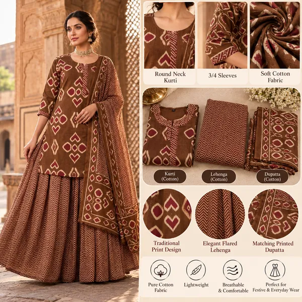Brown_Printed_Flared_Kurta_Lehenga_Set_For_Women