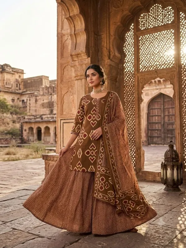 Brown_Printed_Flared_Kurta_Lehenga_Set_For_Women