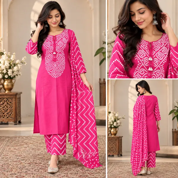 Pink_Cotton_Bandhani_Print_Kurta_Set_For_Women