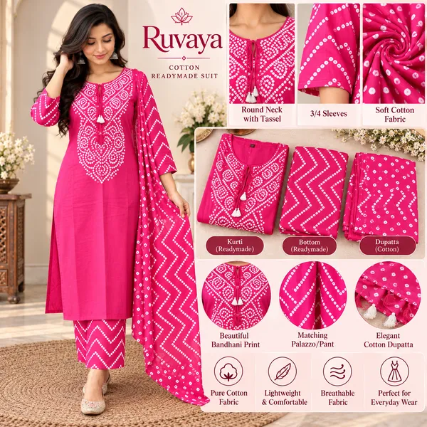 Pink_Cotton_Bandhani_Print_Kurta_Set_For_Women