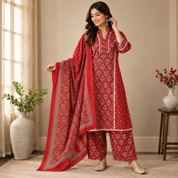 Red_Printed_Straight_Fit_Kurta_Set_For_Women