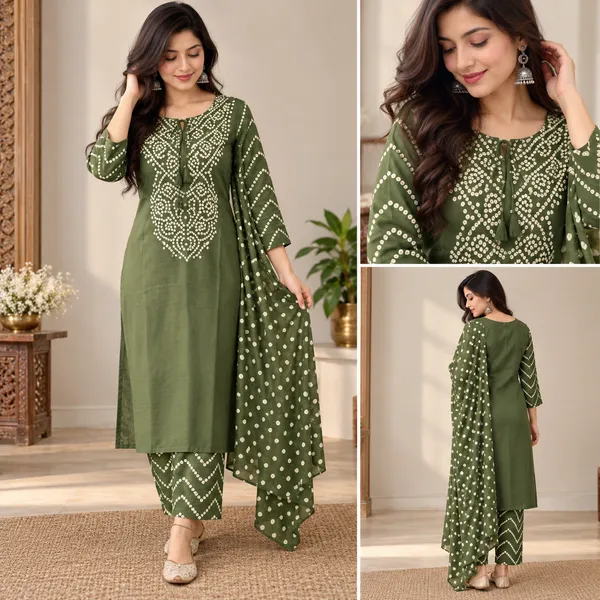 Green_Cotton_Bandhani_Print_Kurta_Set_For_Women