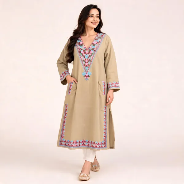 Beige_Woollen_Embroidered_Relaxed_Fit_Pheran_For_Women