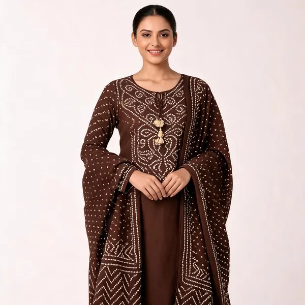 Brown_Cotton_Rayon_Bandhani_Print_Straight_Suit_Set_For_Women