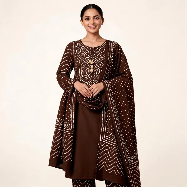 Brown_Cotton_Rayon_Bandhani_Print_Straight_Suit_Set_For_Women