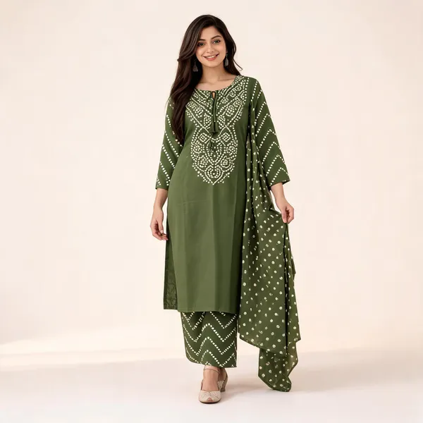 Green_Cotton_Bandhani_Print_Kurta_Set_For_Women