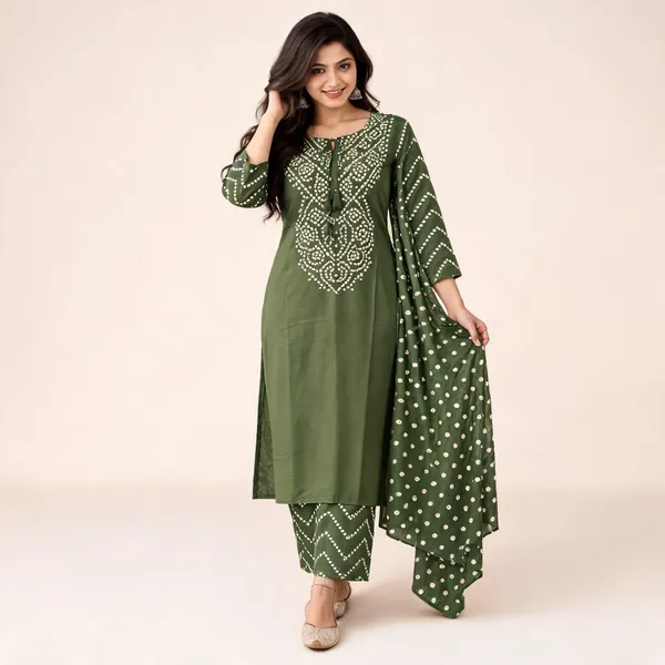 Green_Cotton_Bandhani_Print_Kurta_Set_For_Women