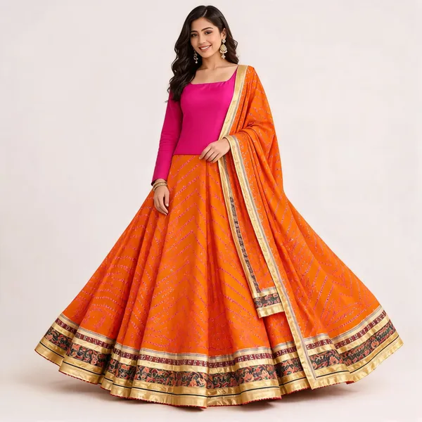 Orange_Silk_Bandhani_Print_Lehenga_Choli_For_Women
