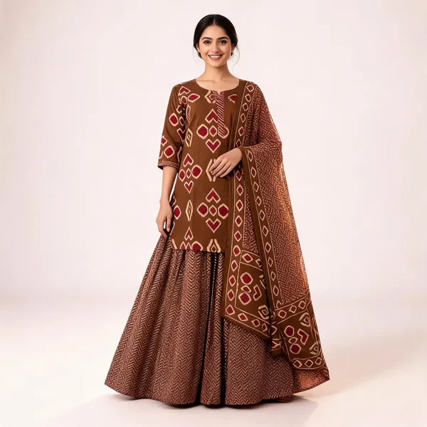 Brown_Printed_Flared_Kurta_Lehenga_Set_For_Women
