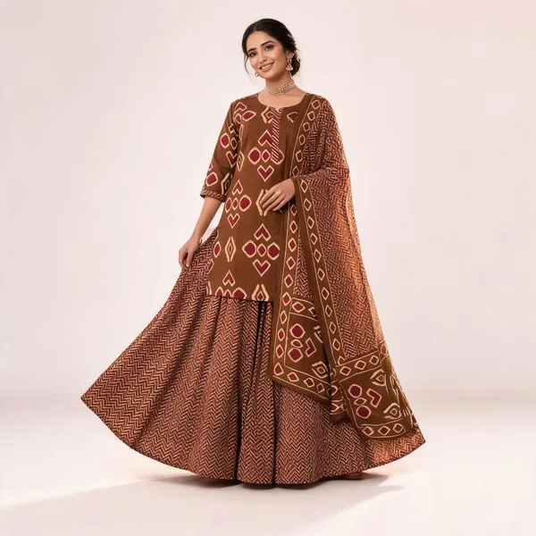 Brown_Printed_Flared_Kurta_Lehenga_Set_For_Women