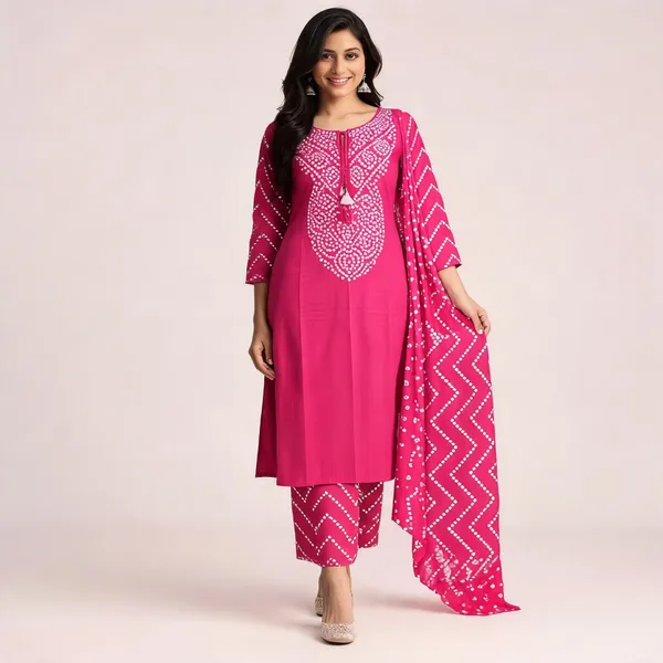 Pink_Cotton_Bandhani_Print_Kurta_Set_For_Women