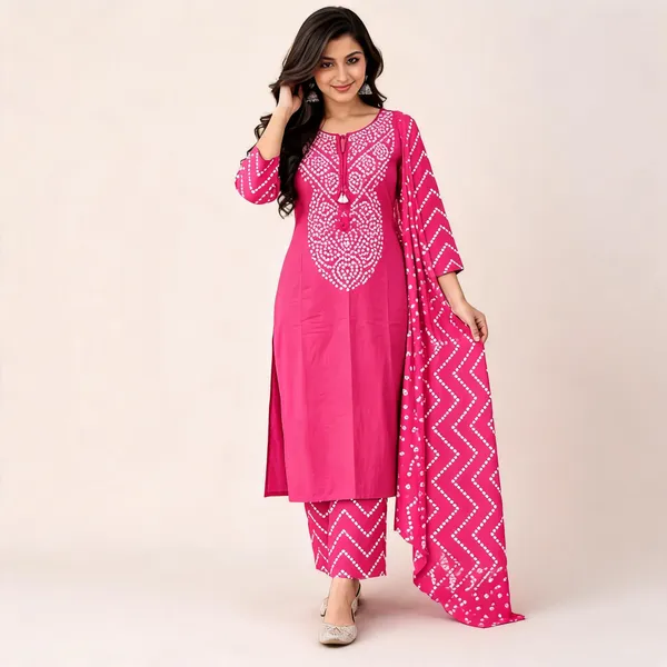 Pink_Cotton_Bandhani_Print_Kurta_Set_For_Women