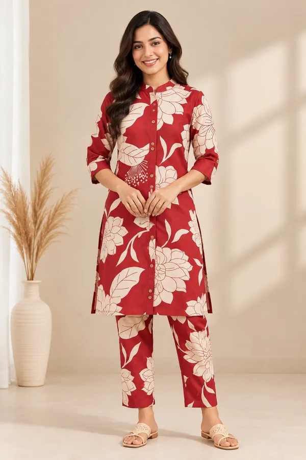 Red_And_Cream_Floral_Straight_Kurta_Pant_Set_for_Women