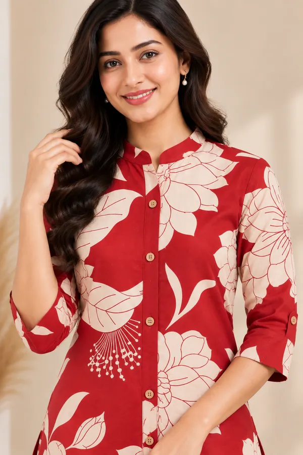 Red_And_Cream_Floral_Straight_Kurta_Pant_Set_for_Women