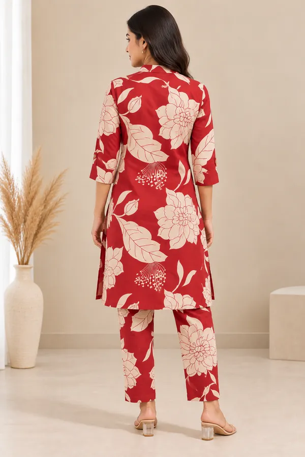 Red_And_Cream_Floral_Straight_Kurta_Pant_Set_for_Women