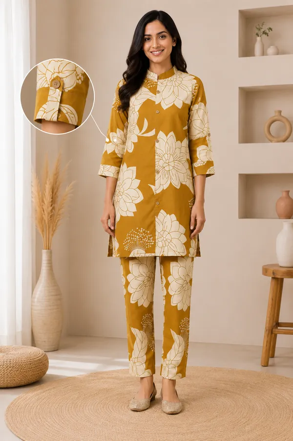 Mustard_Yellow_And_Cream_Floral_Straight_Kurta_Set_for_Women