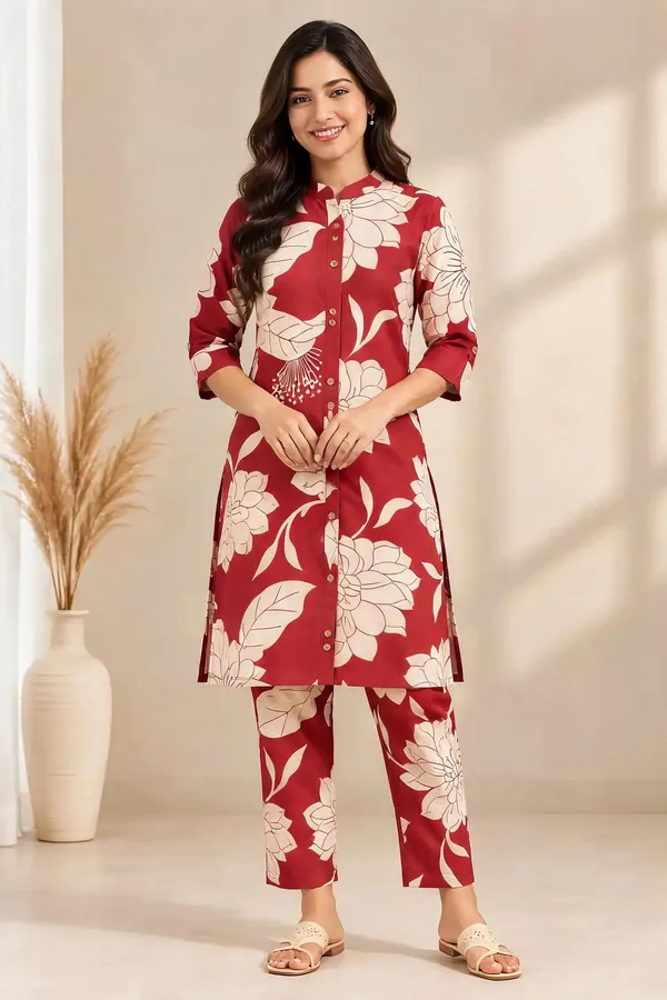 Red_And_Cream_Floral_Straight_Kurta_Pant_Set_for_Women