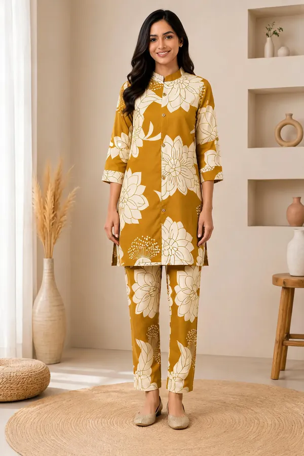 Mustard_Yellow_And_Cream_Floral_Straight_Kurta_Set_for_Women
