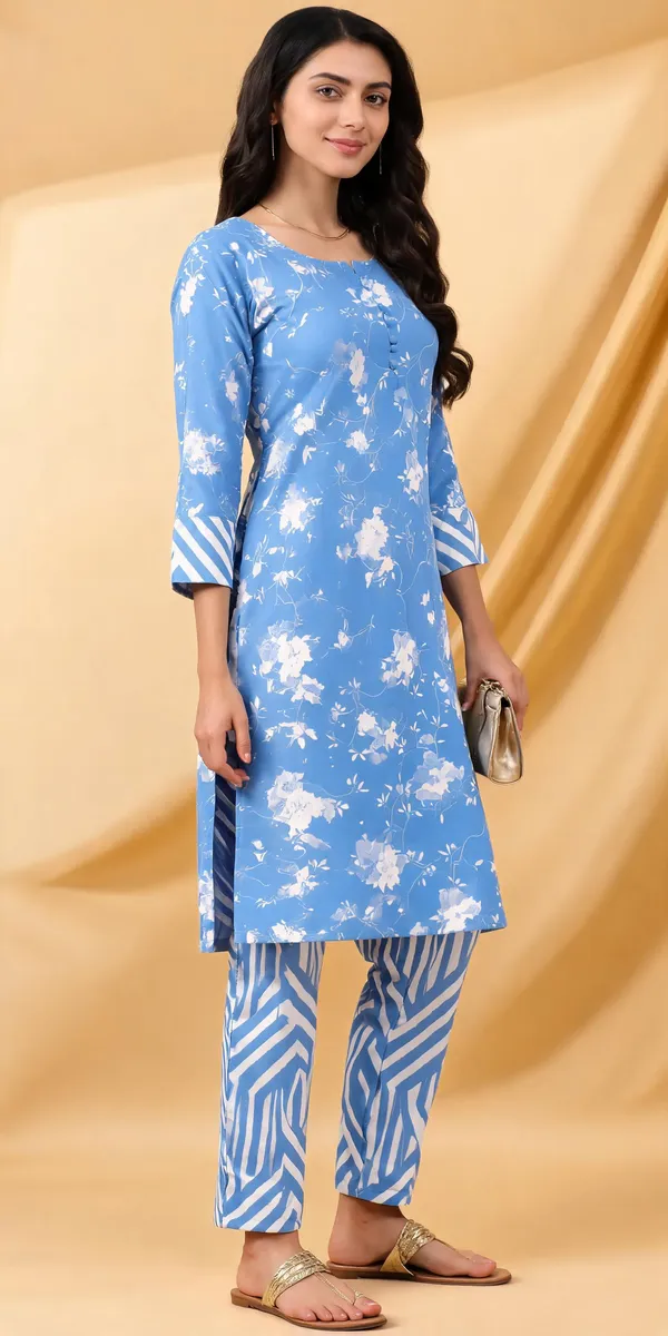 Blue_Floral_Printed_Kurta_Set_with_Geometric_Pattern_Pants_for_Women