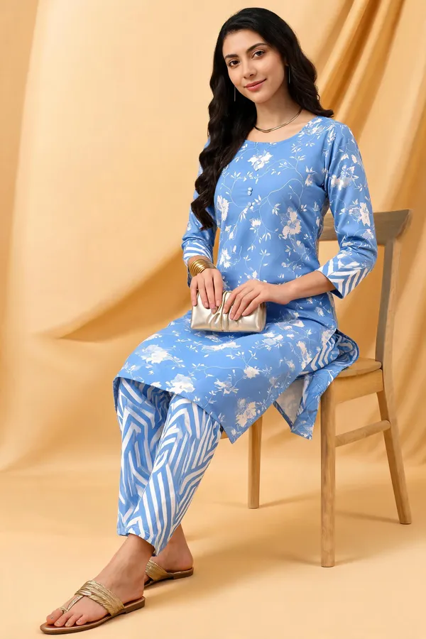 Blue_Floral_Printed_Kurta_Set_with_Geometric_Pattern_Pants_for_Women