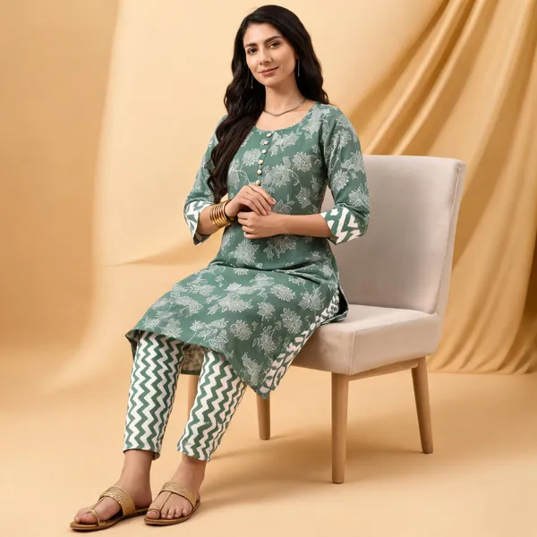 Sage_Green_Floral_Printed_Kurta_Set_with_Chevron_Pattern_Pants_for_Women
