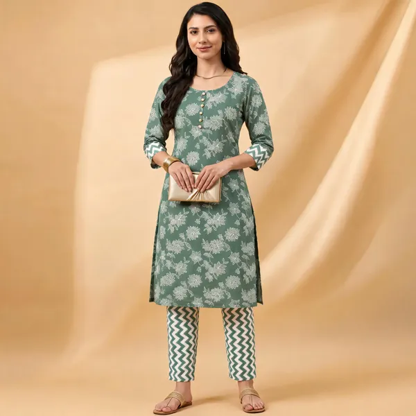 Sage_Green_Floral_Printed_Kurta_Set_with_Chevron_Pattern_Pants_for_Women