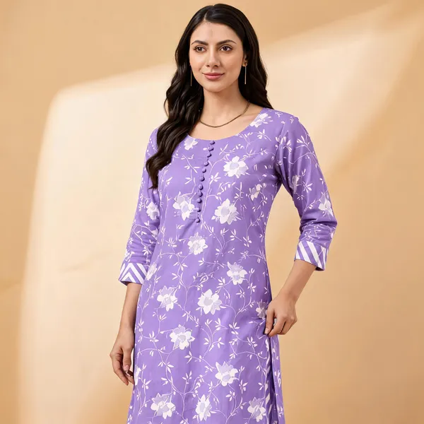 Lavender_Floral_Printed_Kurta_Set_with_Geometric_Pattern_Pants_for_Women