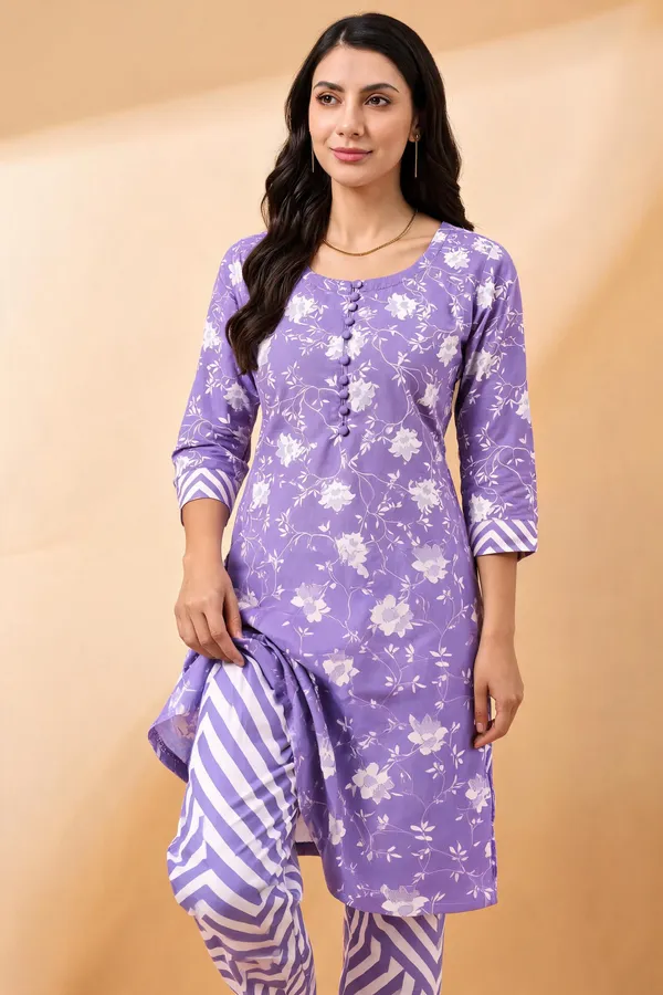 Lavender_Floral_Printed_Kurta_Set_with_Geometric_Pattern_Pants_for_Women