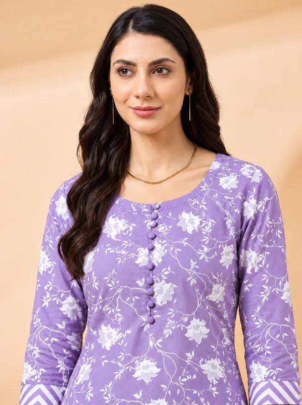 Lavender_Floral_Printed_Kurta_Set_with_Geometric_Pattern_Pants_for_Women
