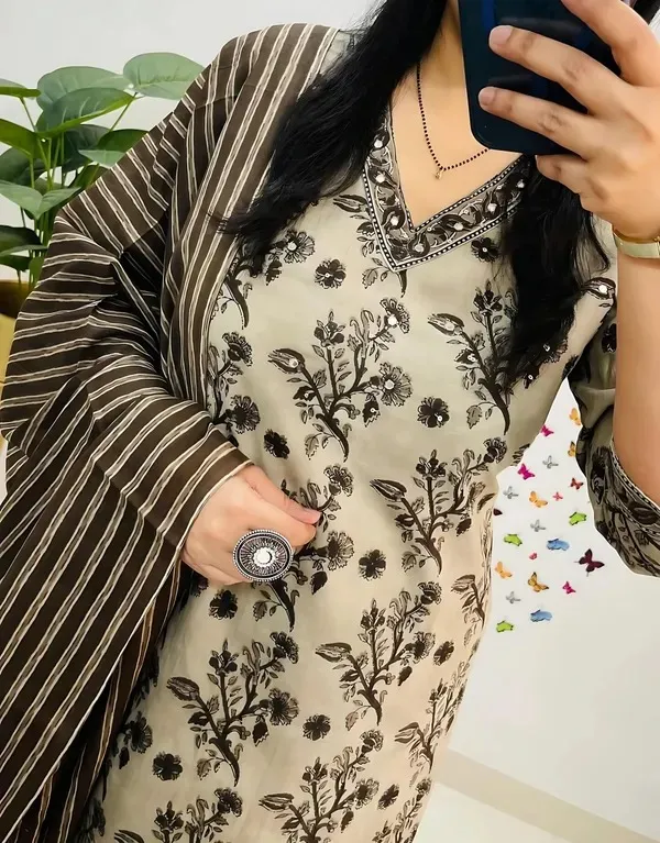 Beige_Floral_Printed_Kurta_Set_with_Brown_Striped_Dupatta_and_Pants_for_Women