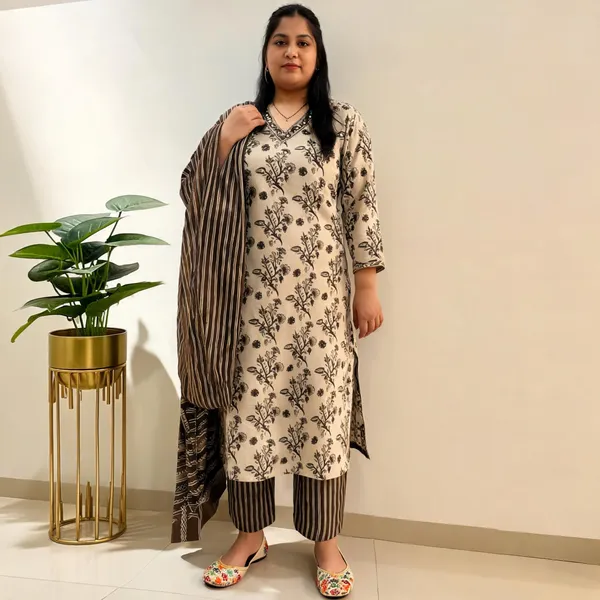 Beige_Floral_Printed_Kurta_Set_with_Brown_Striped_Dupatta_and_Pants_for_Women